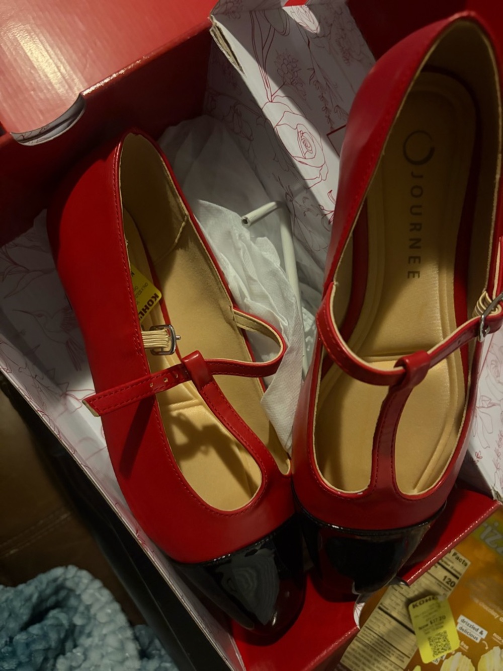 Journee Collection Red T-Strap Flats with Black Cap Toe - Picture 4 of 5